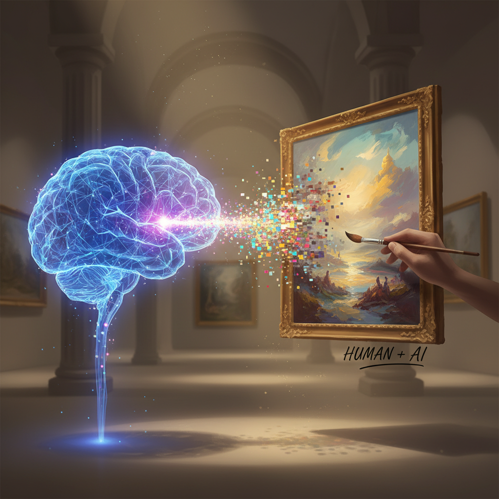 AI vs human artists — conceptual illustration of a glowing neural network silhouette rendering colorful pixels into a gallery painting being signed by a human artist hand, symbolizing the modern hybrid creative pipeline