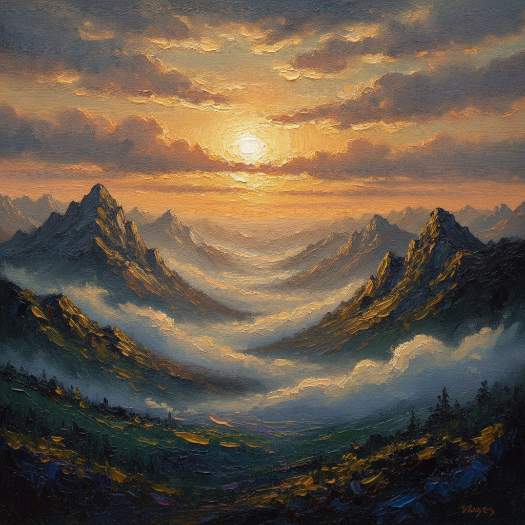AI vs human-generated art example: a museum-quality AI-generated digital oil painting of a misty mountain valley at sunrise with rich impasto brushstrokes