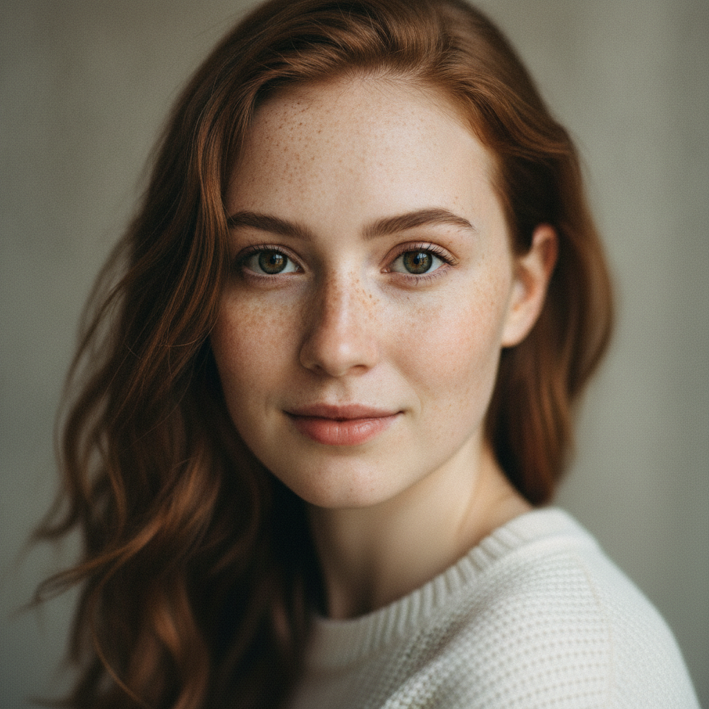 AI vs human-generated art example: an AI-generated photorealistic portrait of a young woman with freckles and lifelike skin texture under soft studio lighting