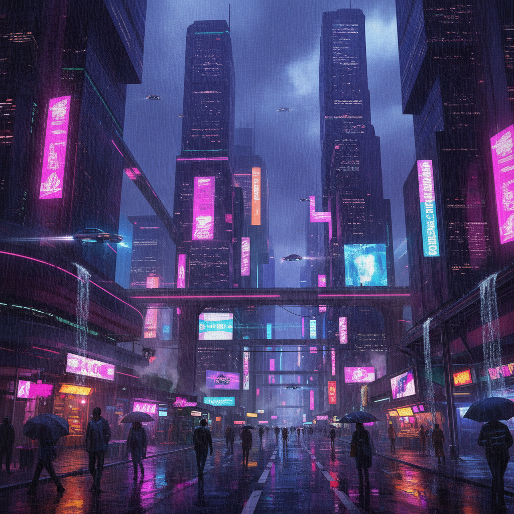 AI vs human-generated art example: an AI-generated cyberpunk cityscape at night with neon-lit rain-soaked streets and futuristic skyscrapers