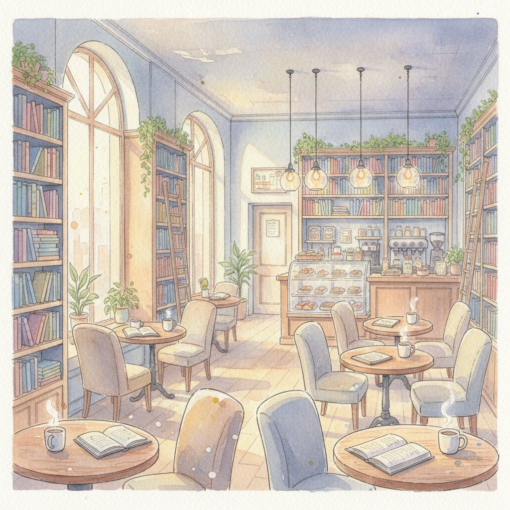 AI vs human-generated art example: an AI-generated watercolor illustration of a cozy bookstore cafe with soft pastel washes and loose brushwork