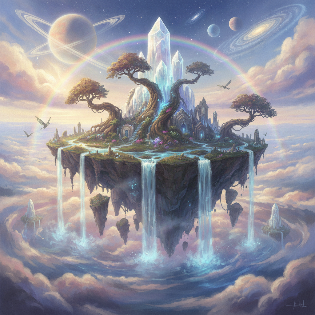AI vs human-generated art example: an AI-generated surreal fantasy artwork of a floating island with waterfalls cascading into clouds