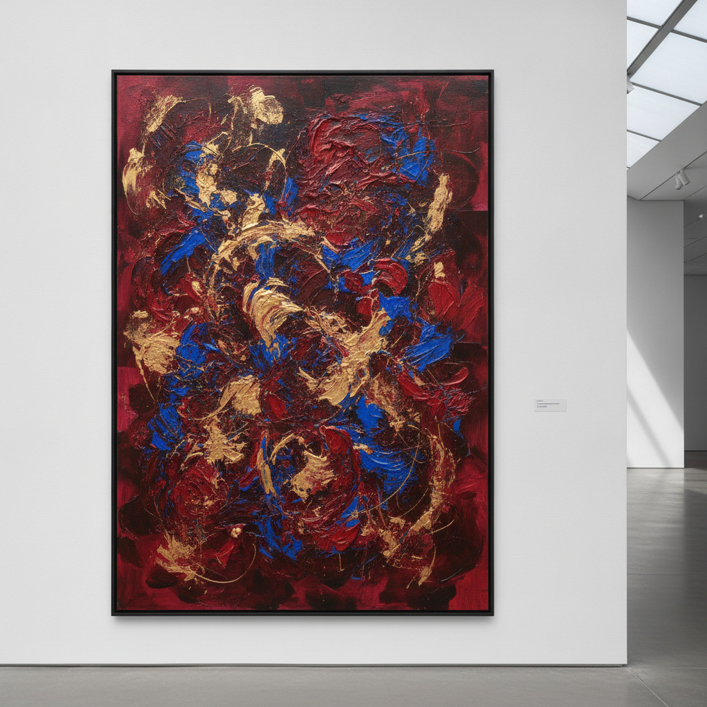 AI vs human-generated art example: an AI-generated abstract expressionist canvas with bold sweeping strokes of crimson, cobalt and gold
