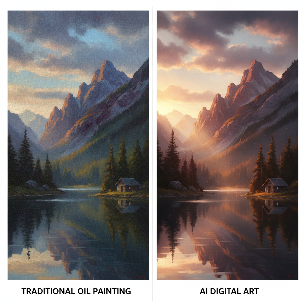 AI vs human image generation side-by-side: a traditional oil painting of a mountain landscape next to the same scene as AI digital art
