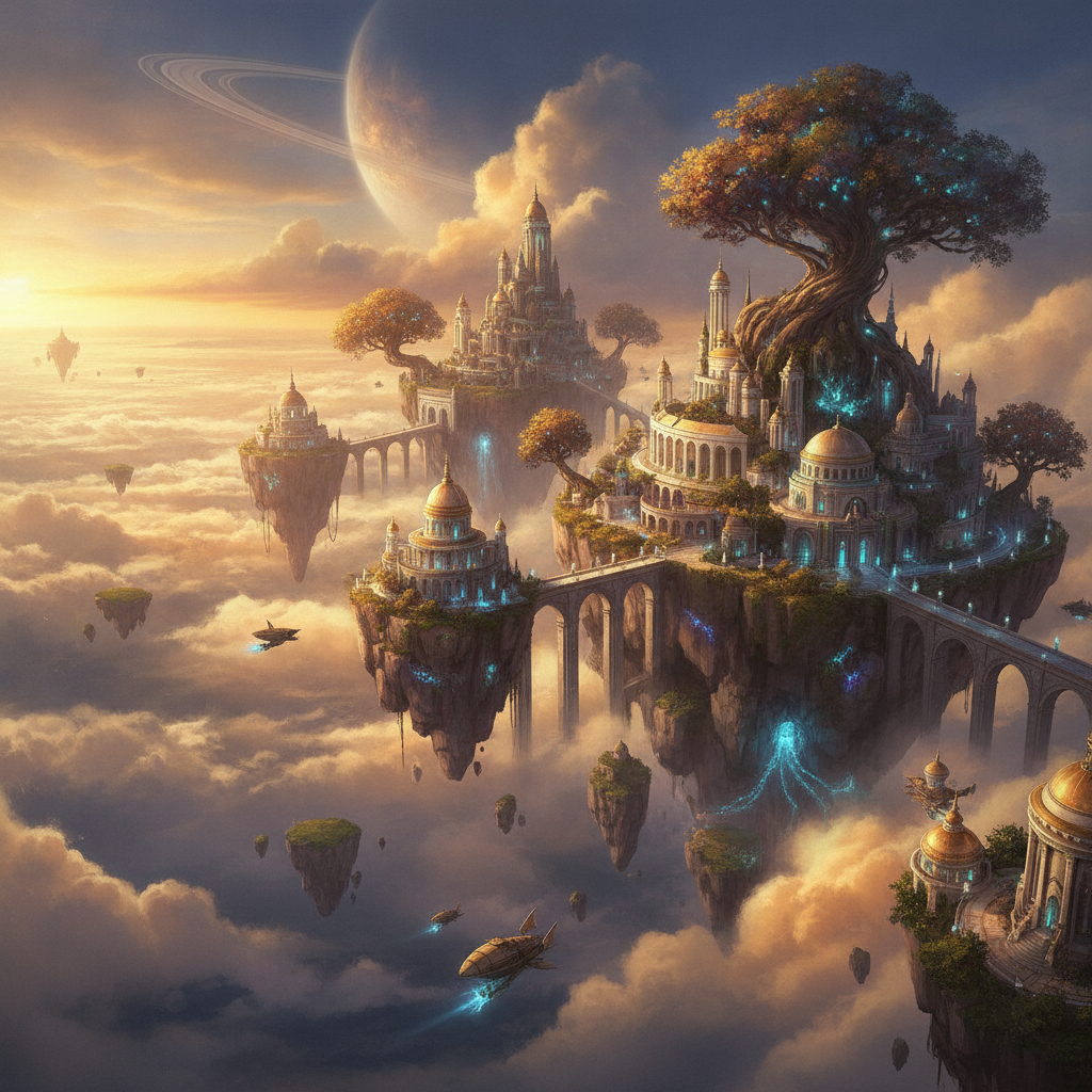 Vibrant fantasy concept art of a floating city, an imaginative scene AI image generation excels at compared to human illustration