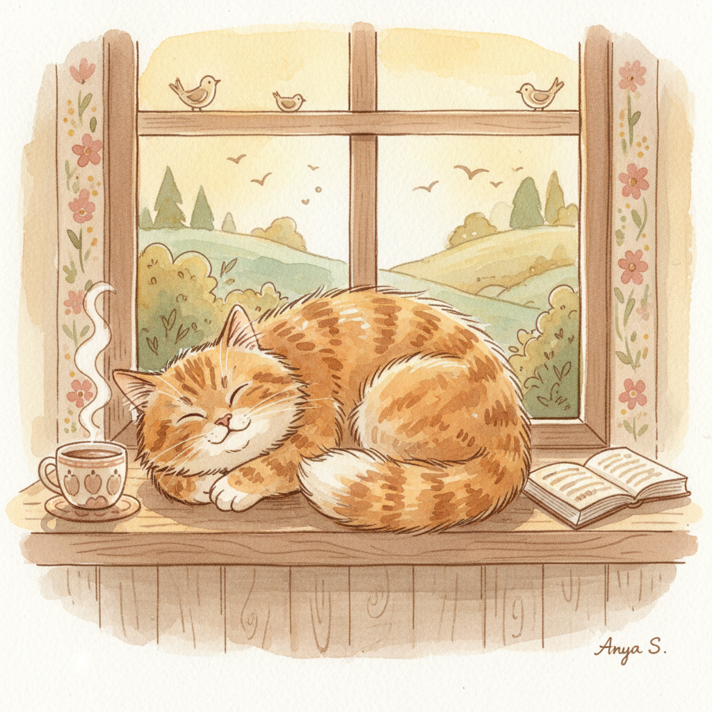 Cozy watercolor illustration of a sleeping cat, showing the painterly, human-style texture AI can now reproduce