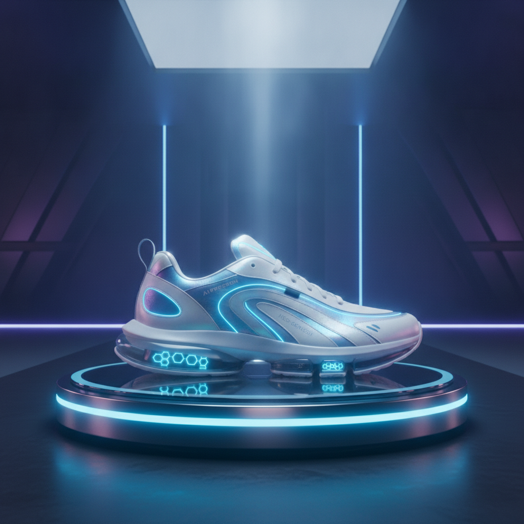 Futuristic product render of a sneaker with clean geometry, highlighting AI precision in the AI vs human art quality debate