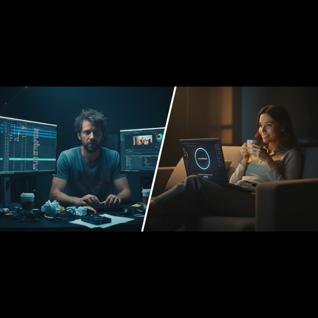 AI vs traditional video editing — split screen showing exhausted manual editor at 2 AM with cluttered timeline next to relaxed creator using AI editing finishing a cut in seconds