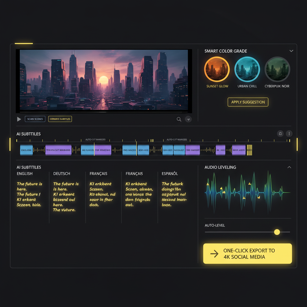 AI video editing dashboard — sleek dark UI showing automatic scene detection, AI-generated subtitles, smart color grading, and one-click 4K social media export, modern professional product interface