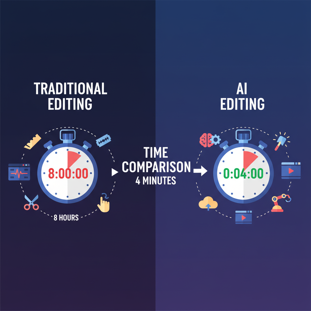 AI vs traditional video editing time comparison infographic — 8 hour traditional editing stopwatch versus 4 minute AI editing stopwatch, showing 60x speed advantage for AI video editing