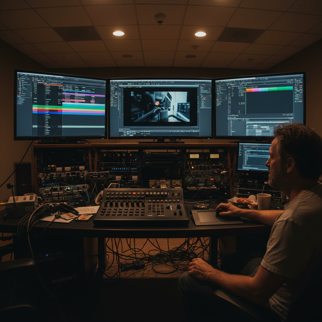 Traditional video editing workspace — Hollywood-style edit suite with three 4K reference monitors, manual keyframe editing in DaVinci Resolve, broadcast hardware, late-night editor scene