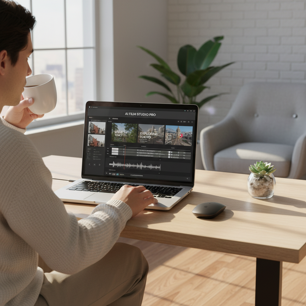AI video editing in action — minimalist desk with single laptop running AI video editor auto-generating a finished YouTube vlog with B-roll, captions, music, and color grading