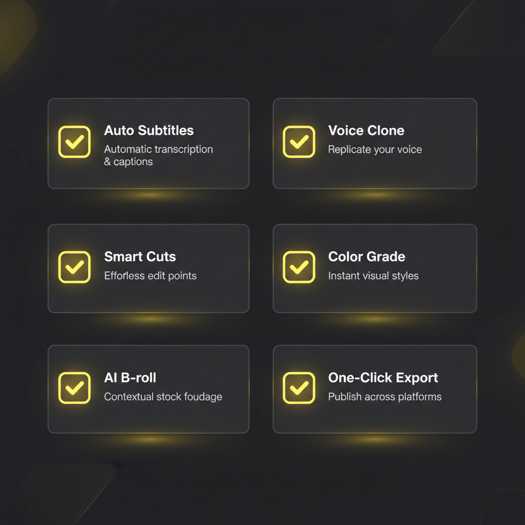 AI video editing feature grid — six panel cards labeled Auto Subtitles, Smart Cuts, AI B-roll, Voice Clone, Color Grade, One-Click Export, modern SaaS marketing graphic
