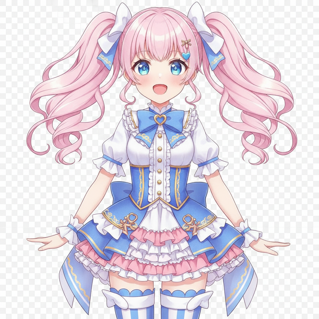 AI VTuber generator — a cute moe anime VTuber avatar with pastel pink twin-tails and a frilly idol outfit, 4K
