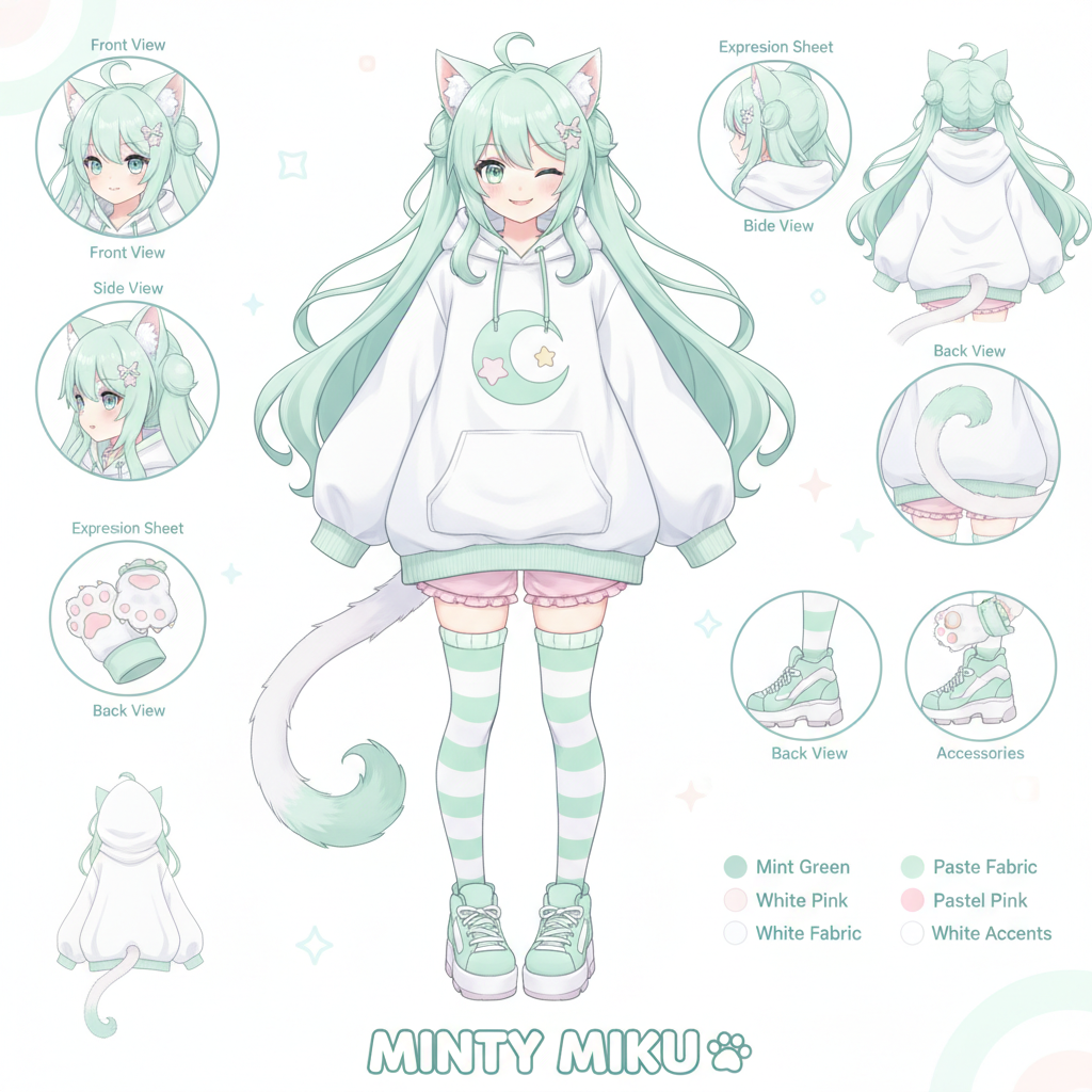 AI VTuber generator — a kemonomimi cat-girl VTuber avatar with fluffy ears, mint green hair, and an oversized hoodie