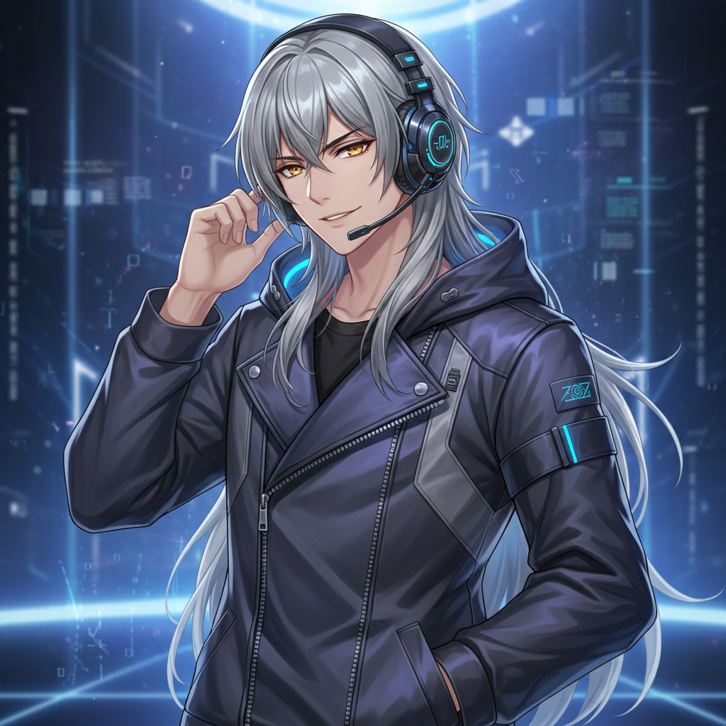 AI VTuber avatar generator — a handsome male ikemen VTuber with silver hair, golden eyes, and headphones