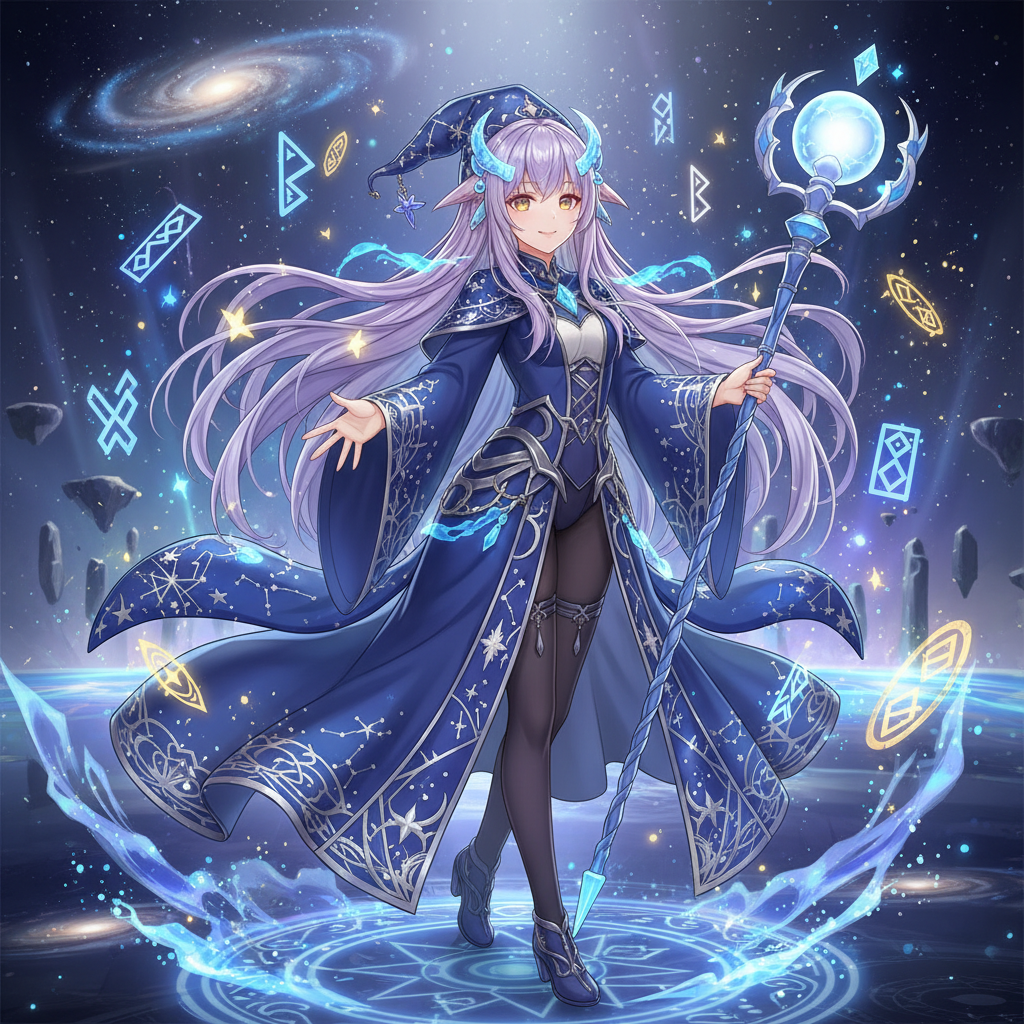 AI VTuber generator — a fantasy mage VTuber avatar with lavender hair, a glowing staff, and floating runes