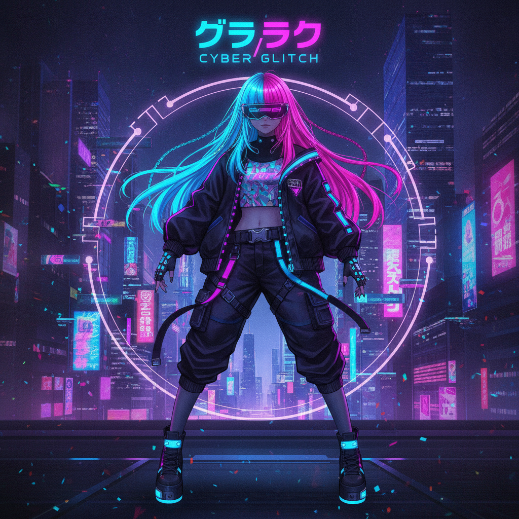AI VTuber generator — a cyberpunk idol VTuber avatar with neon hair, a glowing visor, and LED streetwear