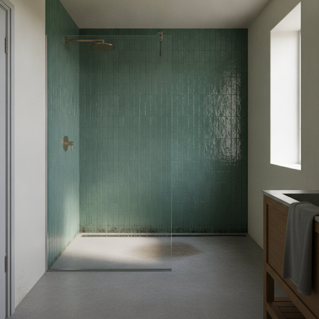 AI walk-in shower design generator result: an open wet room shower with a deep sea green tiled wall floor to ceiling, one frameless fixed glass panel in a steel floor channel, a brushed steel channel drain at the foot of the wall and grout darkened where the water runs down.