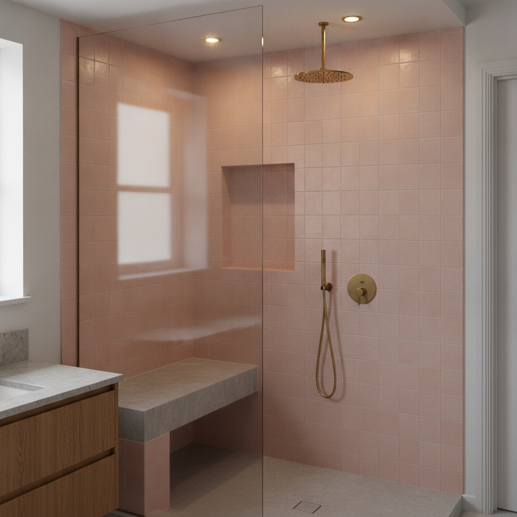 AI walk-in shower design generator result: a clay pink tiled shower recess with a honed limestone bench on a tiled plinth, one empty rectangular niche cut clean through the tiled wall, a brass ceiling-drop shower head and a handset on a screwed brass hook.