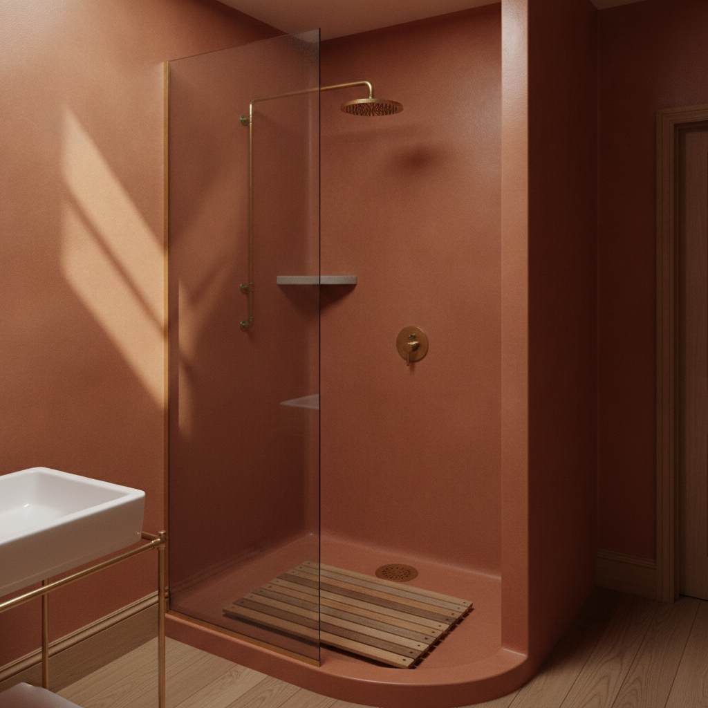 AI walk-in shower design generator result: a seamless terracotta tadelakt plaster shower with no tile and no grout line anywhere, rounded internal corners, a slatted teak duckboard, exposed copper pipe on brass saddle clips and a round brass drain.