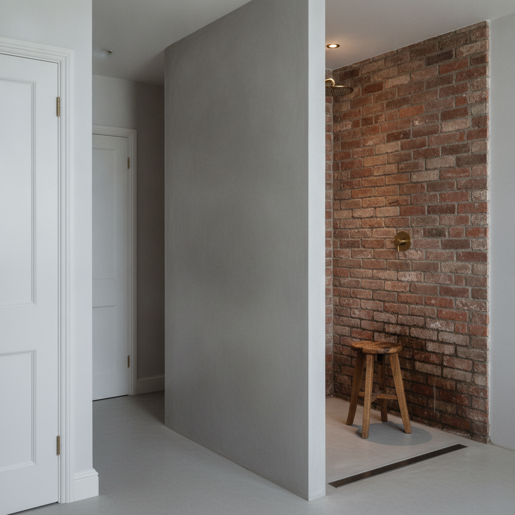 AI walk-in shower design generator result: a doorless walk-in shower with no glass at all, screened by a full height microcement wall, a reclaimed red brick back wall with raked joints, a long steel channel drain and an oak stool inside.