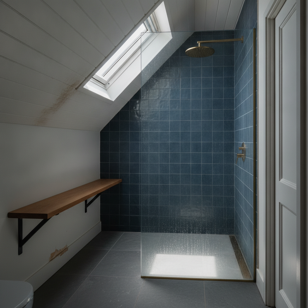 AI walk-in shower design generator result: an attic walk-in shower under a boarded roof slope with a rooflight in splayed reveals above it, slate blue tiles, a braced frameless glass panel, an oak shelf on two black L-brackets and water staining on the boards.