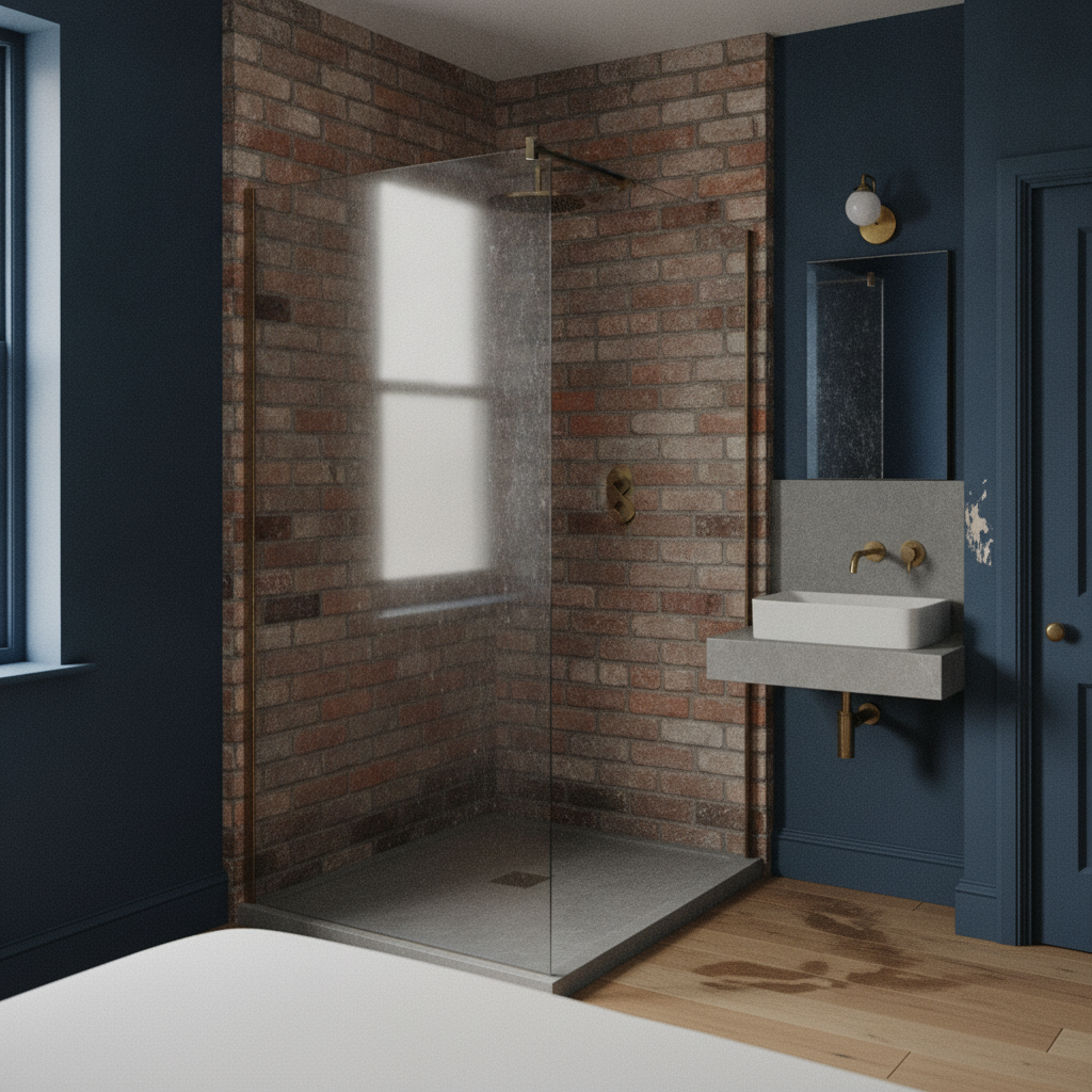 AI walk-in shower design generator result: a tiny en-suite corner shower in bare reclaimed red brick with two fixed glass panels meeting on a slim post, a stone basin slab housed into ink blue plaster and a bed in the foreground.