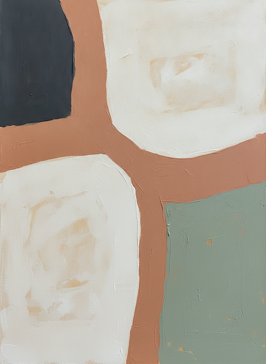 AI wall art generator result: a large abstract statement painting with overlapping organic shapes in warm off-white, clay terracotta, muted sage and deep charcoal, painted on visibly textured canvas