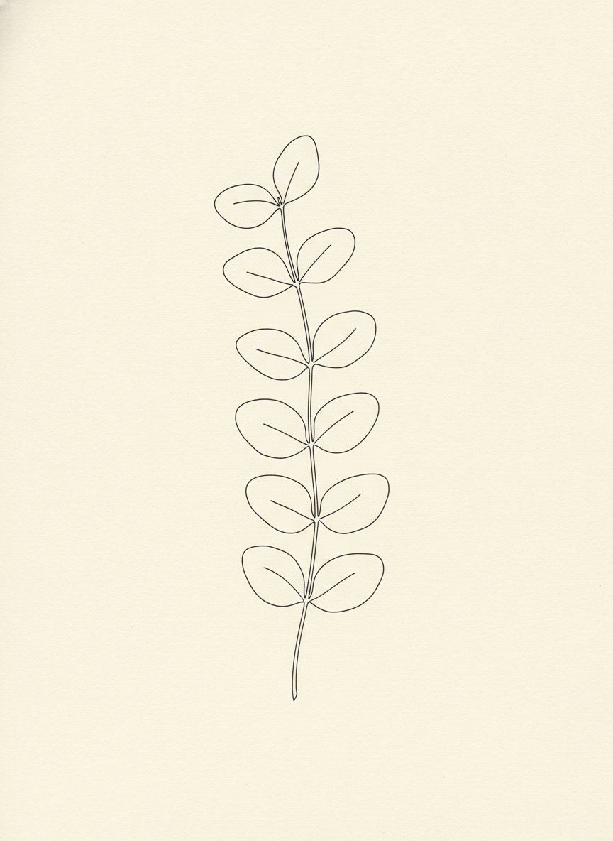 Minimal botanical line print made with the AI wall art generator: a single slender eucalyptus stem drawn in one continuous fine black line on warm off-white paper with generous empty space around it