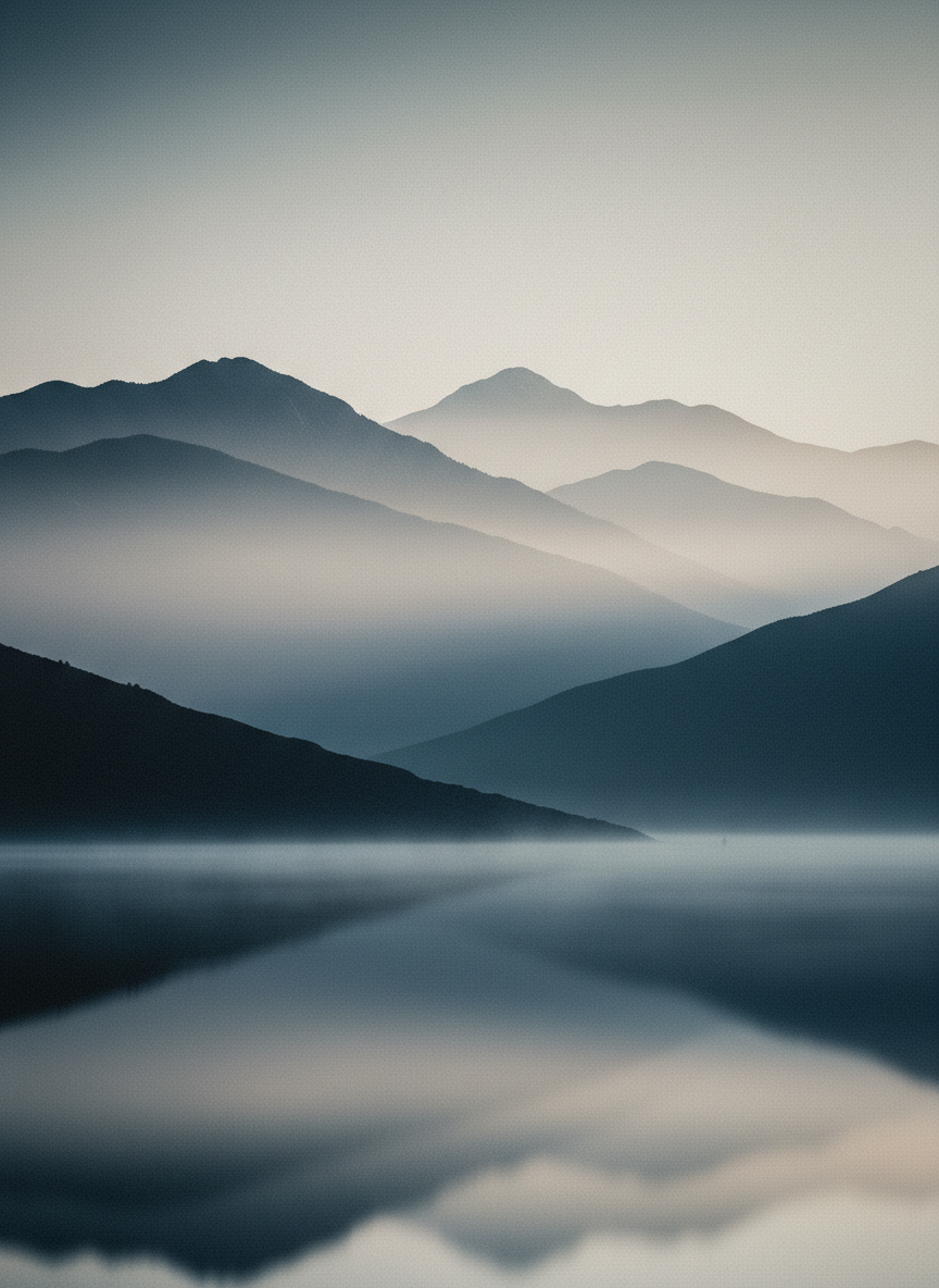 Moody fine-art landscape print from the AI wall art generator: layered mountain ridges receding into pale fog above a mirror-still lake, in a near-monochrome palette of desaturated blue-grey under a soft pale sky