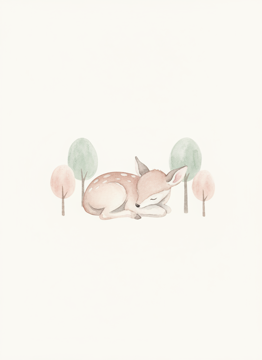 Nursery wall art print generated with AI: a soft watercolour sleeping fawn among simple round-topped trees in dusty blush, sage and cream with bleeding pigment edges