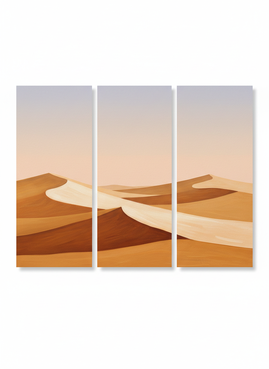 Three-panel triptych wall art set from the AI wall art generator: one continuous abstract desert dune landscape in ochre, burnt sienna and cream flowing across three equal vertical panels separated by thin white gaps