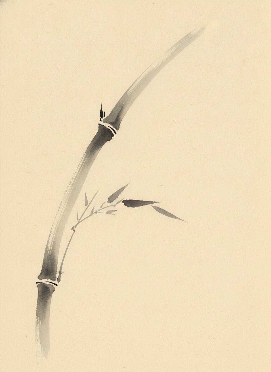 Japandi ink wash wall art made with AI: a few confident sumi-e brushstrokes suggesting a bending bamboo stalk in diluted black ink bleeding into warm ivory rice paper, with most of the composition left empty