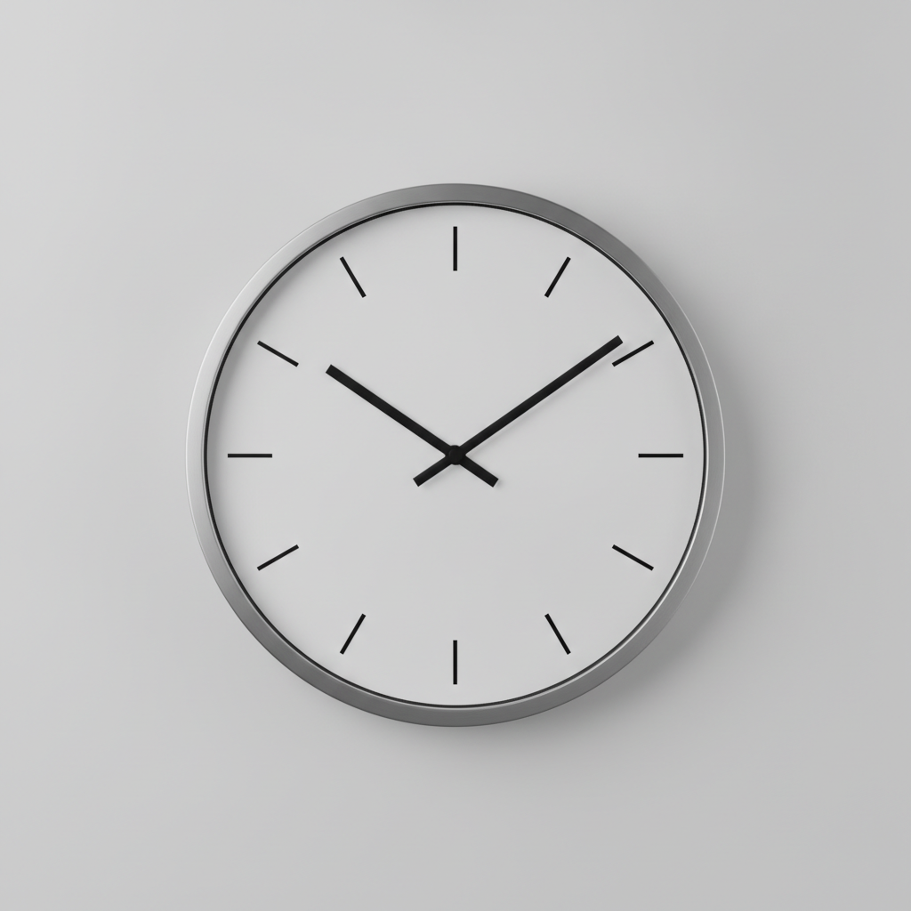 AI wall clock design generator result: a minimal round clock on a pale grey wall, brushed steel bezel, flat white dial, twelve slim black batons and no numerals at all. This is the cleanest frame on the page and the marker count is genuinely right: twelve batons, evenly spaced, with the four at the quarters drawn longer than the other eight. Nothing in the prompt asked for that longer quarter marker, and it is exactly the convention real dials use, because the quarters are what your eye lands on first. The time reads as ten past ten. Worth studying for the one thing it very nearly gets wrong: the hour hand is only slightly shorter than the minute hand and barely thicker, so at a glance across a room the two are close to interchangeable, which is the single most common failure in modern clock design