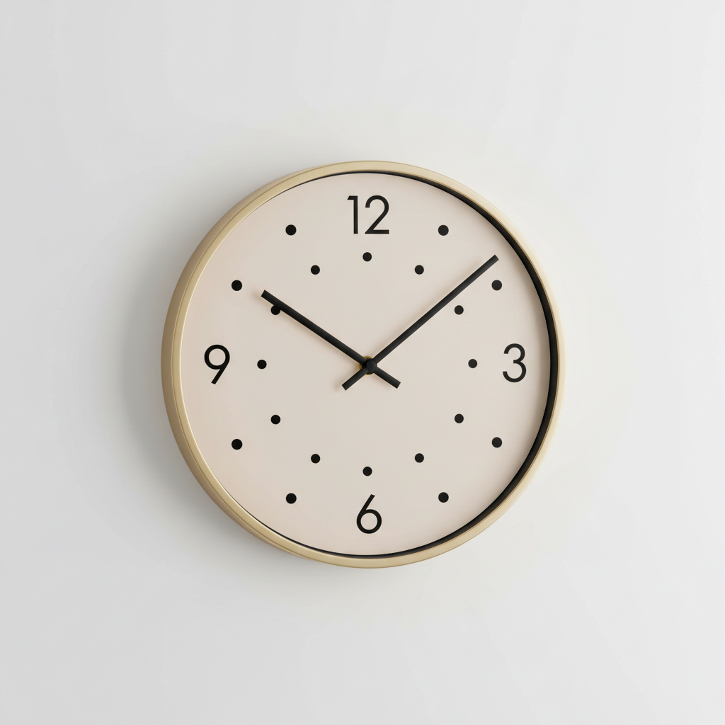 A cream dial in a brass bezel carrying only four numerals — 12, 3, 6 and 9 — with dots standing in for the other eight hours. The type is the success here: four common numerals at the four cardinal points, spelled and placed correctly on the first attempt, which is the safe end of what this model does with characters. The dots are the failure, and they are worth looking at closely, because they are not on one circle and they are not eight. They wander in and out at different radii and there are far more than eight of them, so the ring reads as scattered confetti rather than as an hour track. That is the counting limit in a single frame: it will letter a dial for you and it will not count one