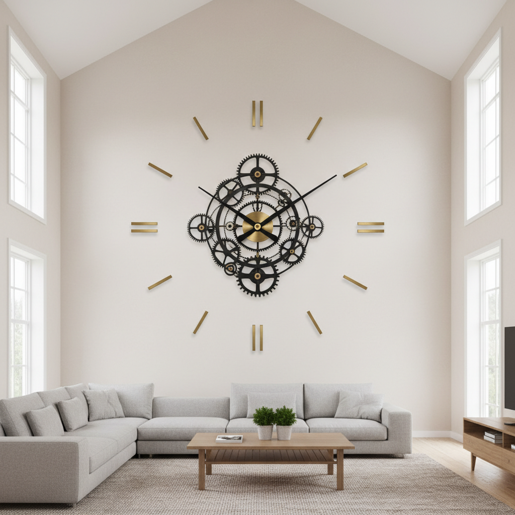 An oversized skeleton clock filling a double-height living room wall, its brass hour markers fixed directly to the plaster with no backing dial behind them, hands rising from a black openwork gear disc at the centre. Two lessons sit in one picture. First, scale: this is the frame that shows why a 25 centimetre clock disappears on a wall like this and why statement clocks are sold at 60 to 90 centimetres across. Second, and more useful, the centre is a dense black tangle of gears and the hands are also black, so they sink into it and vanish exactly where they need to be read from. The minute hand also stops well short of the marker ring, so it never actually points at an hour position — a clock you can read to the hour and not to the minute