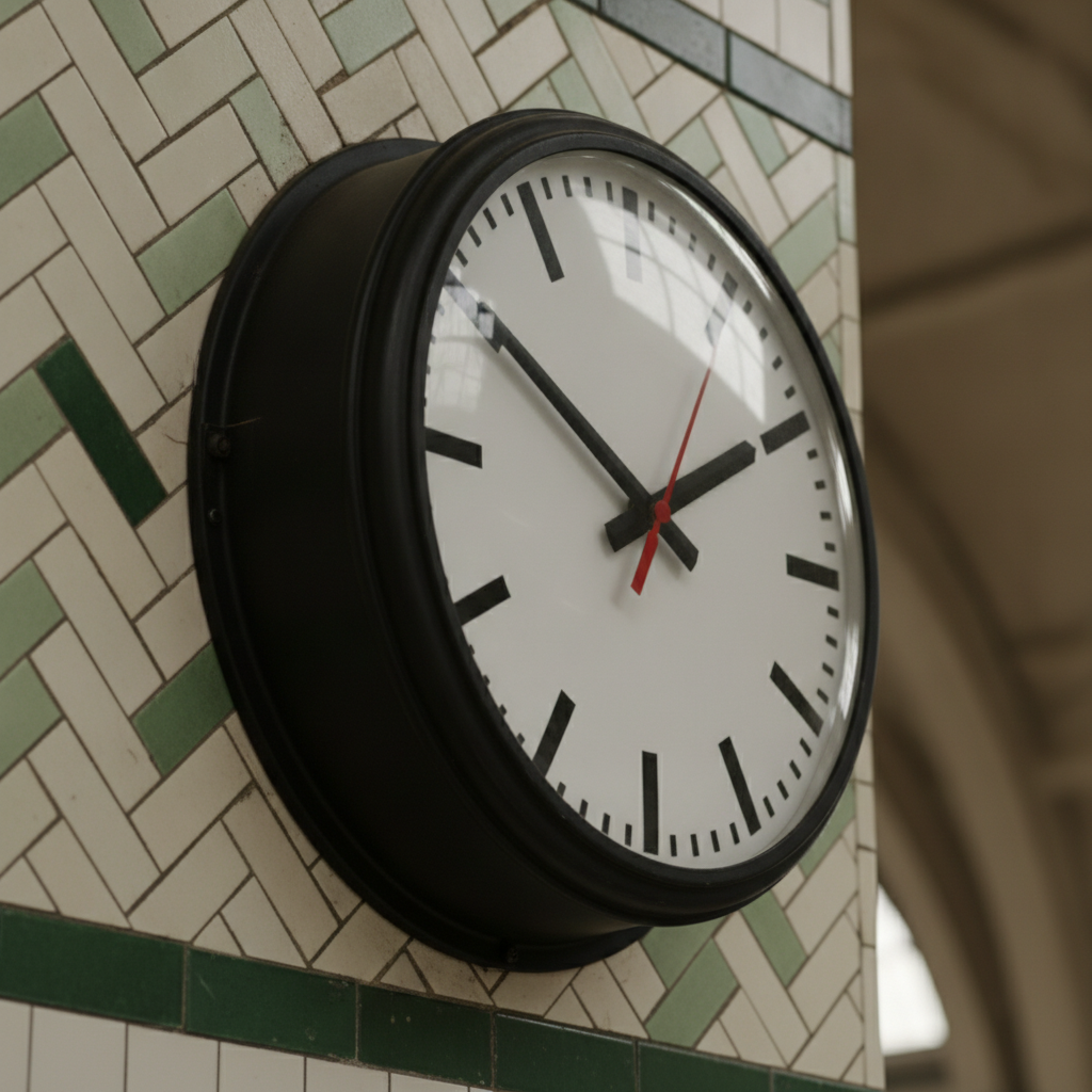 A vintage railway station clock in a deep black cast case with domed glass, mounted on a green and cream tiled pier and shot from a steep three-quarter angle. The dial is completely blank of lettering, which matters because station dials traditionally carry a maker name and this is the surface where the model most wants to invent one. The construction is convincing: bold black batons, a fine minute track of small ticks between them, a slim red second hand, and enough case depth that you can see the hands standing proud of the dial. The accident is the best part. The domed glass is throwing a hard window reflection straight across the upper left of the dial, wiping out the markers behind it — an unasked-for demonstration of why glazed and glossy dials lose their top corner to whatever window faces them