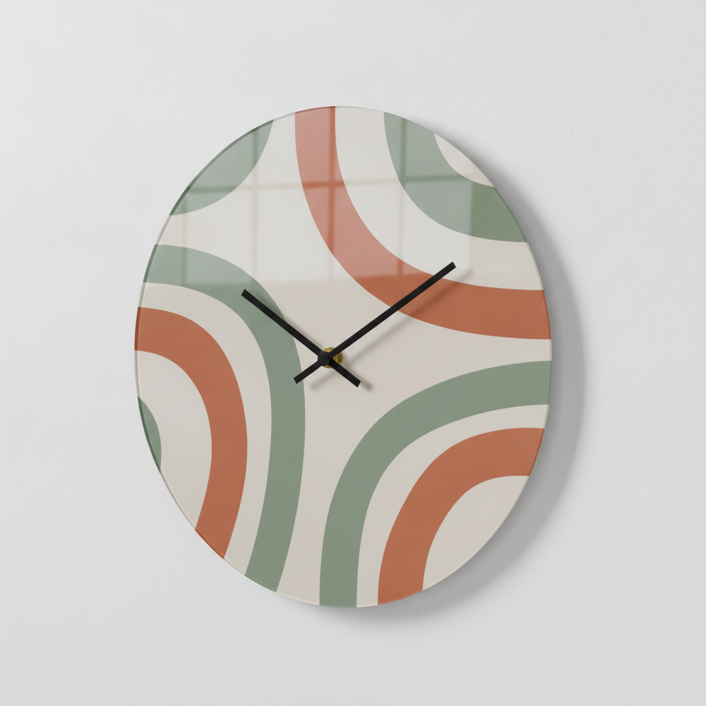 A frameless printed dial in terracotta and sage arcs, black hands set to ten past ten, hanging on a white wall. This is what happens when the artwork wins the argument: it is the most attractive object on the page and it has no hour markers whatsoever, so you can read roughly ten past ten from it and nothing more precise than that. It also demonstrates two other constraints without being asked to. A small brass hub sits dead centre, on top of the artwork, because that is where the movement shaft has to come through. And the glossy printed surface is mirroring a window grid across the whole upper half of the dial, the second frame on this page to do so unprompted