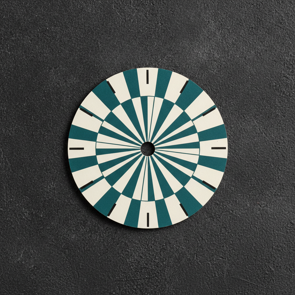 The flat face artwork, and the most practically useful frame here: one circular printed dial photographed straight down on charcoal, with no hands, no case and no glass, a punched hole at the exact centre and slim black batons around the rim. This is close to what a manufacturer actually receives — a flat circular file at a stated diameter with the shaft hole marked — rather than a photograph of a finished clock. The batons count correctly at twelve. The teal and cream radial wedges are also a quiet warning: they converge on the centre in a dense starburst precisely where the hub sits and where two black hands will sweep, so the busiest part of this design is the part that will be covered and crossed for the rest of its life