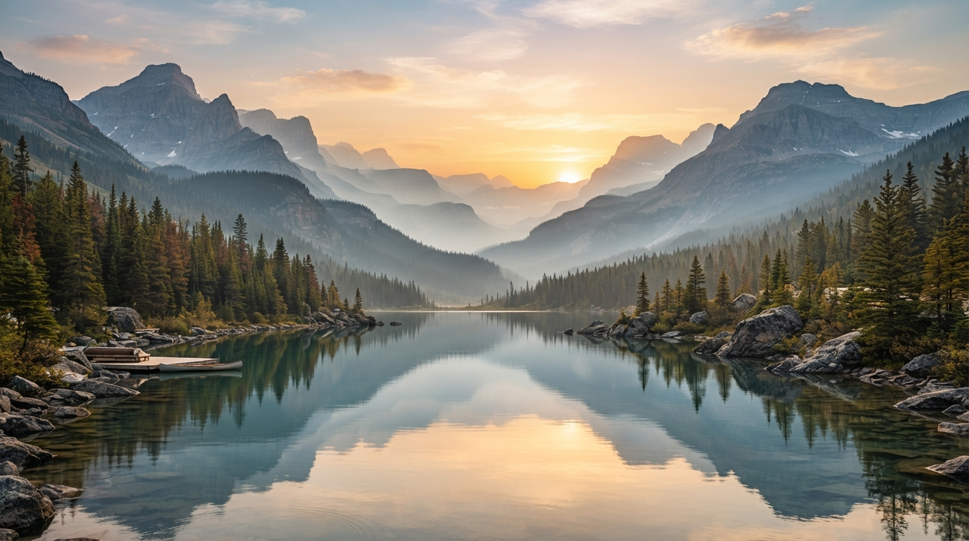 AI wallpaper generator result showing a 4K desktop wallpaper of misty mountain peaks at golden hour reflecting in a calm lake