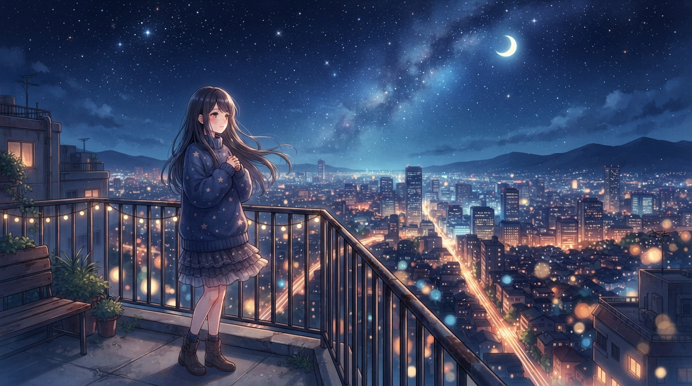 AI wallpaper generator result showing an anime-style wallpaper of a girl on a rooftop under a starry night sky above glowing city lights