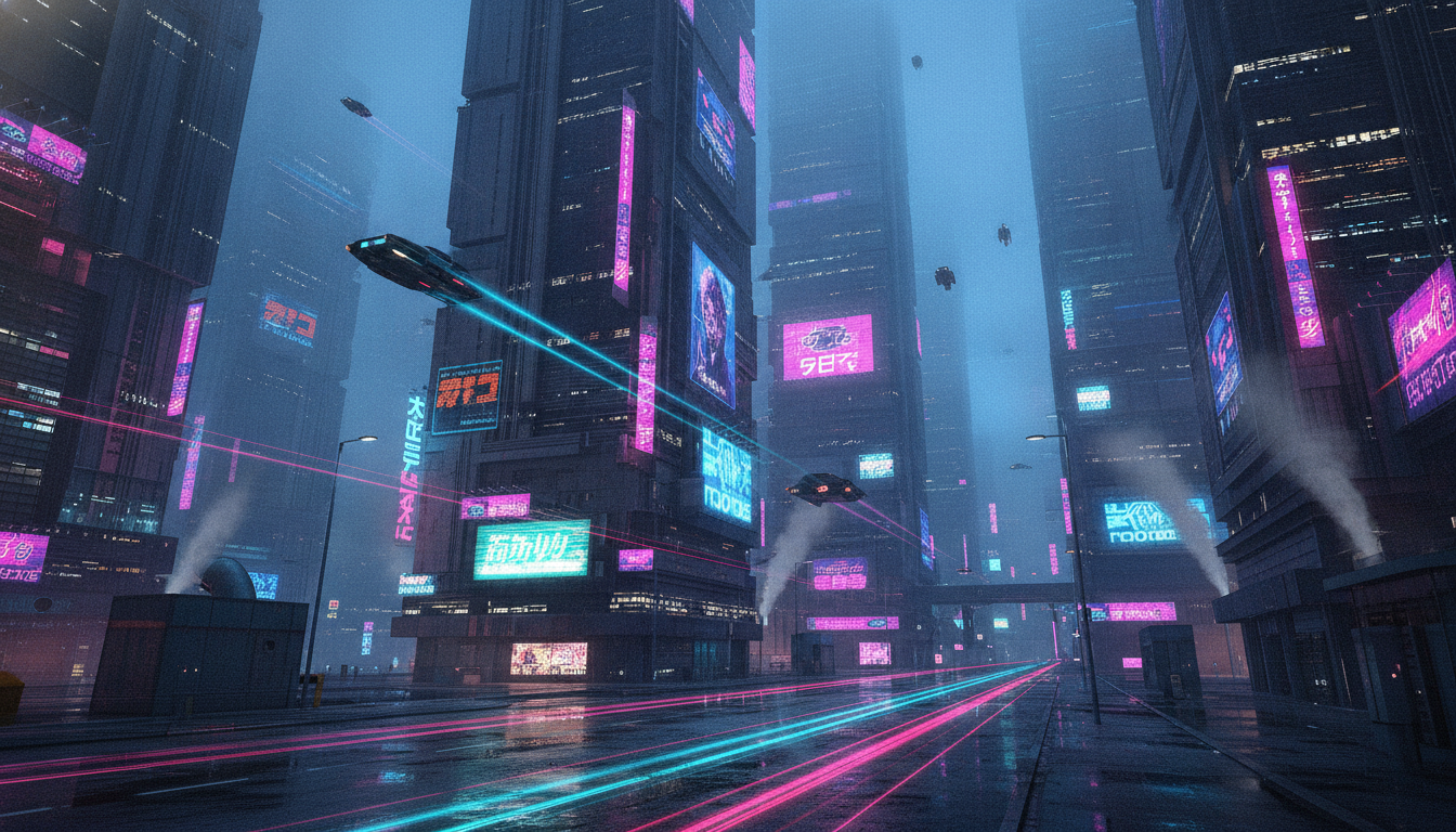 AI wallpaper generator result showing a cyberpunk city wallpaper at night with neon signs and rain-soaked streets reflecting pink and cyan light