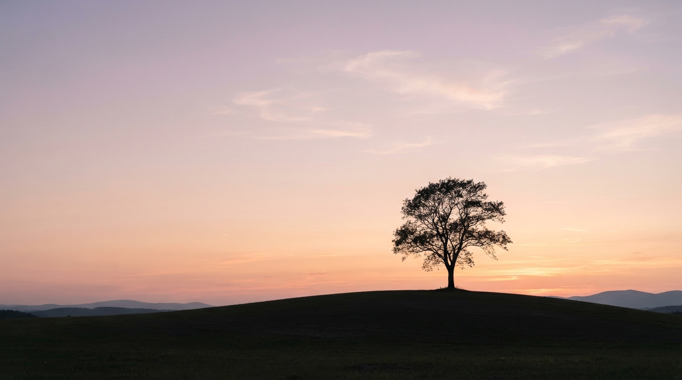 AI wallpaper generator result showing a minimalist nature wallpaper with a silhouetted tree on a hill against a pastel sunset sky