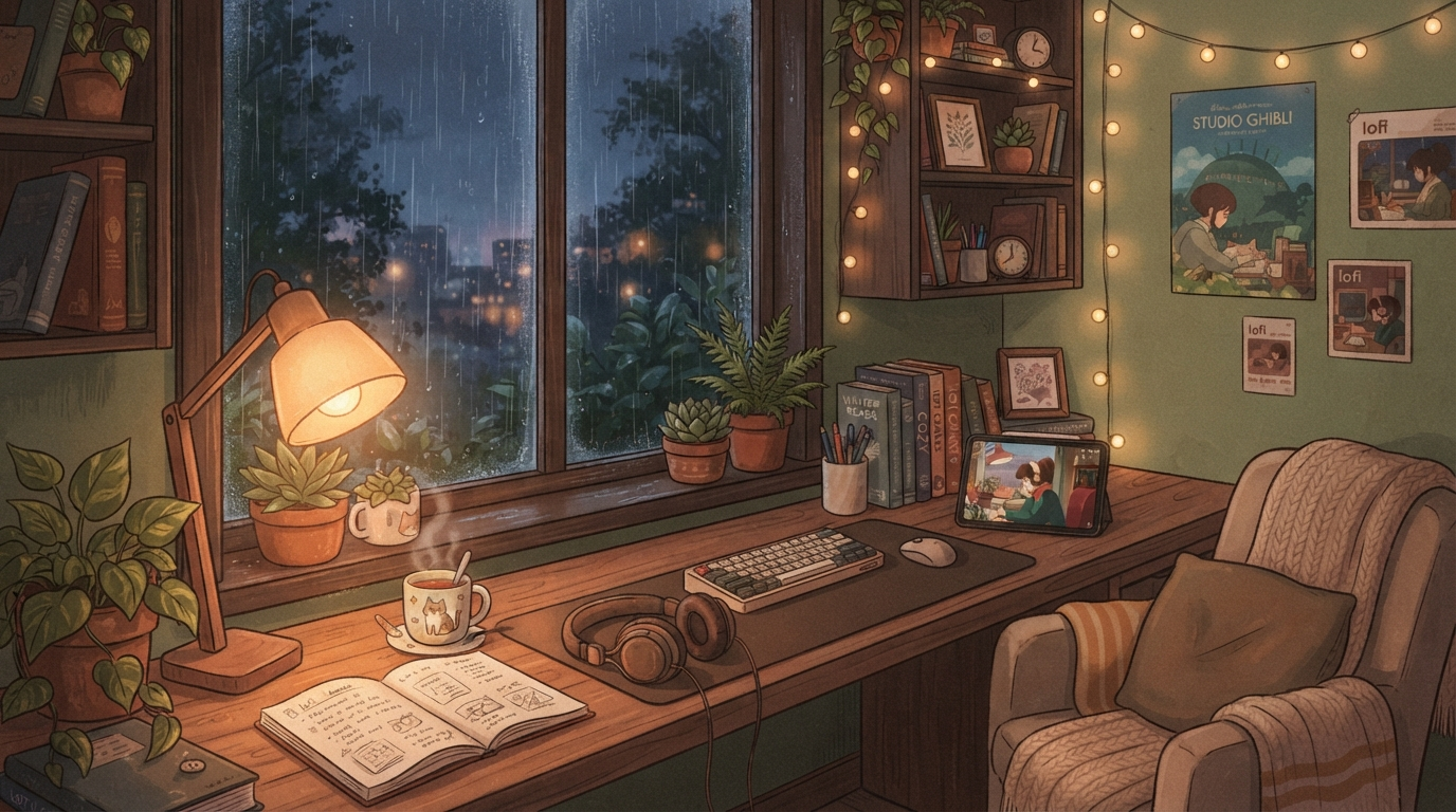 AI wallpaper generator result showing a cozy lofi aesthetic wallpaper of a rainy window with a warm desk lamp, plants, and books