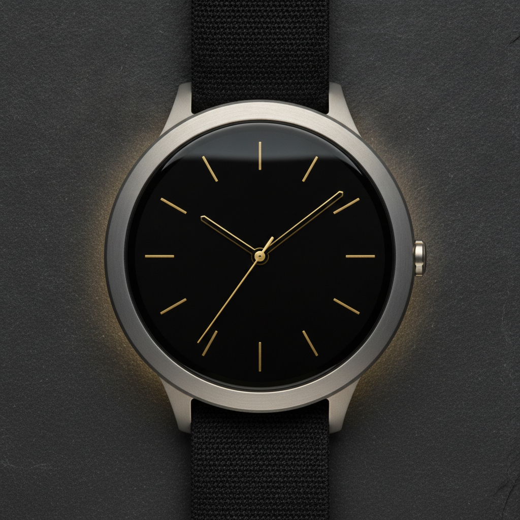 AI watch face design generator result: a round smartwatch lying on dark slate showing a minimal analog face — thin gold hour indices, slim hands, a dial left almost entirely black — the layout that costs the least battery and reads the fastest