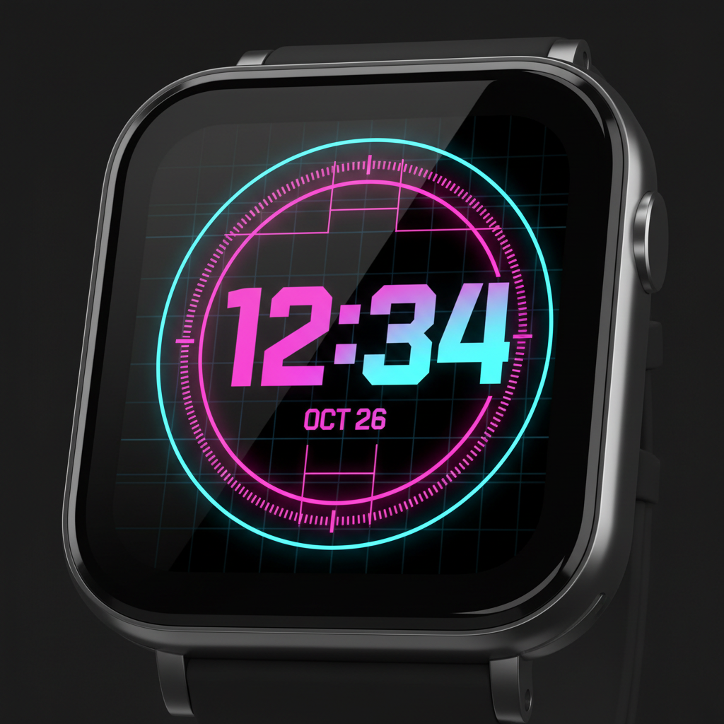 A square smartwatch showing a neon digital face with oversized magenta and cyan digits on black: bright enough to read in sunlight, and the exact kind of large static bright shape that OLED burn-in punishes over months