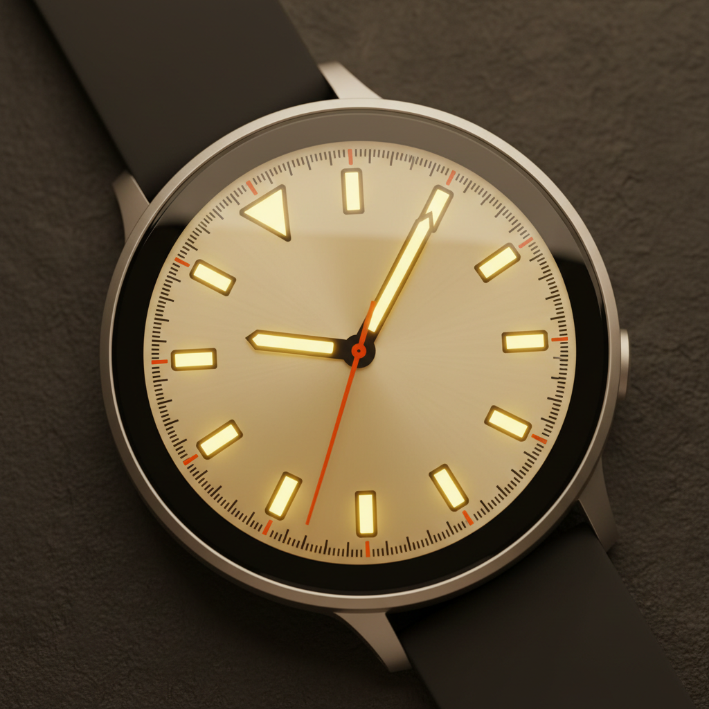 A dive-style face on a round smartwatch: warm cream dial, chunky luminous batons and an orange minute track, with no printed numerals anywhere — markers carry the same style information, read faster at a glance and have nothing to spell