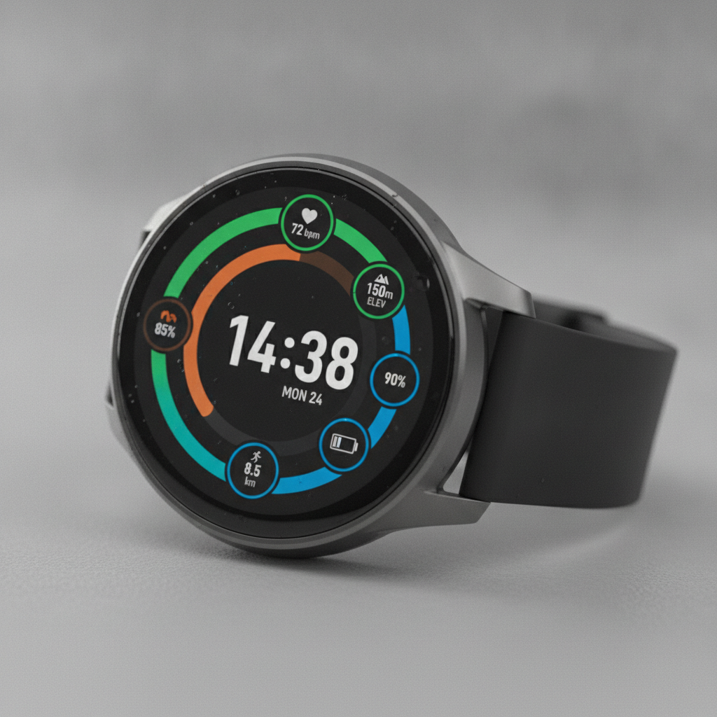 A fitness face with three concentric activity rings in green, orange and blue around large digits and small data widgets — every ring and widget is live data at runtime, so the artwork underneath has to be holes rather than painted-on numbers