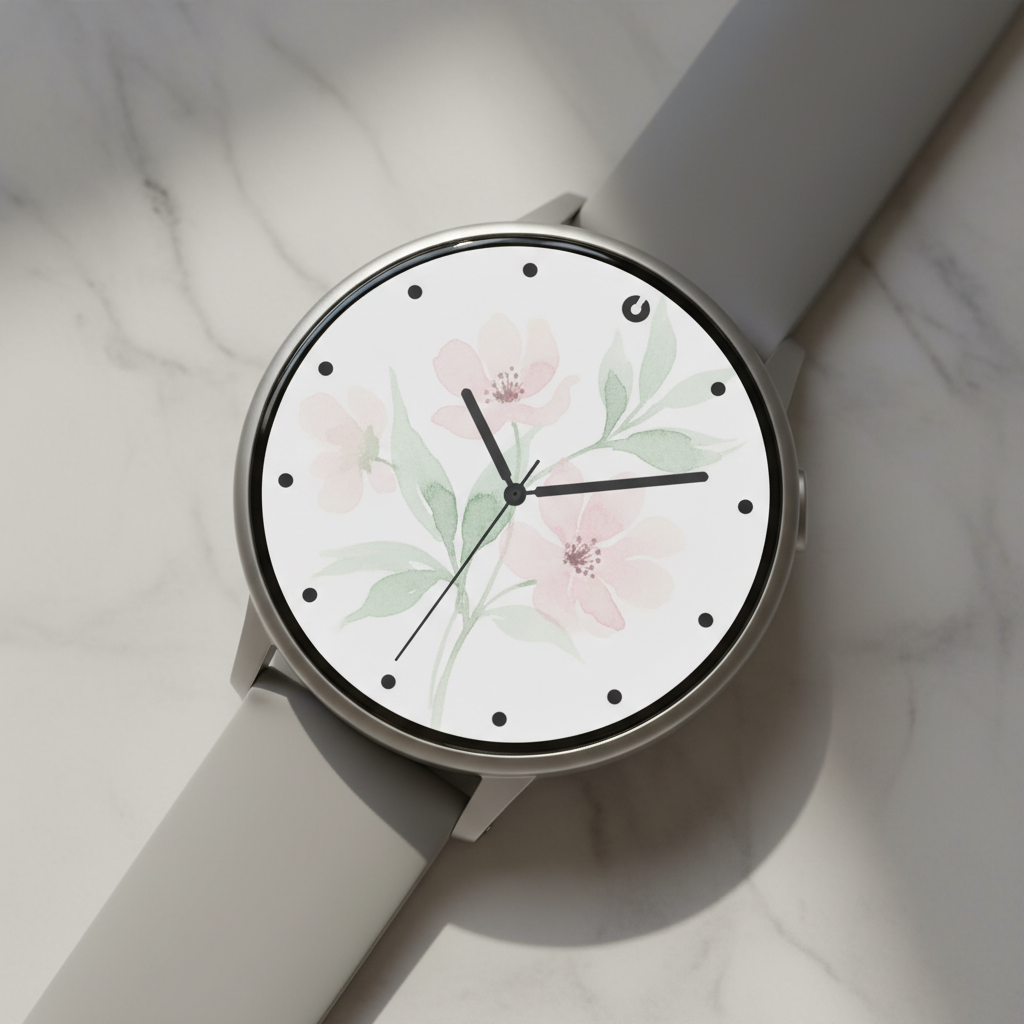 An illustrated face on a round smartwatch: pale watercolour blossoms in pink and sage held deliberately low in contrast so the charcoal hands and twelve dot markers sitting on top of them stay readable — the discipline any painterly dial needs